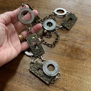 Ladies vintage Y2K chain belt textured geometric silver brass rings rectangles